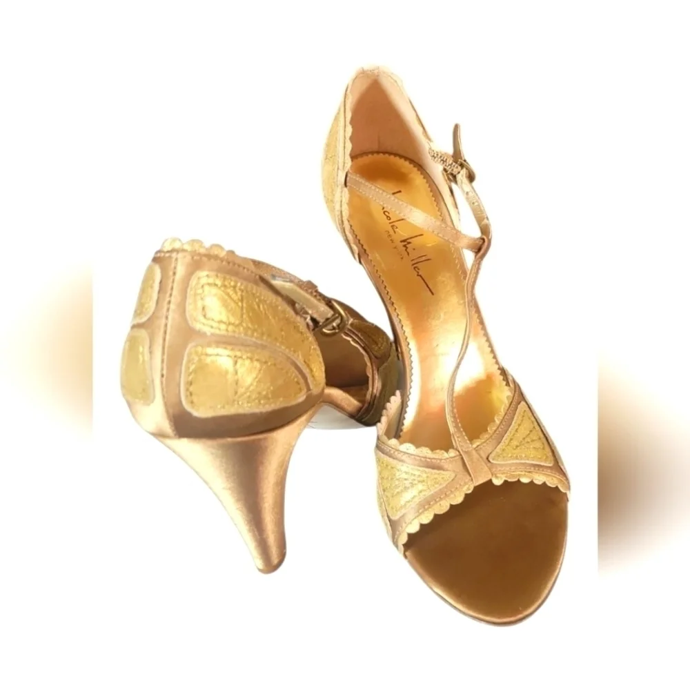 Nicole Miller Couture Formal Holiday Gold Satin Leather Women's Heels 8 1/2B